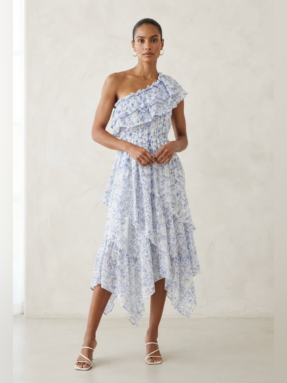 steele. Rivera One Shoulder Ruffle Midi Dress Blue White Toile Floral Small S